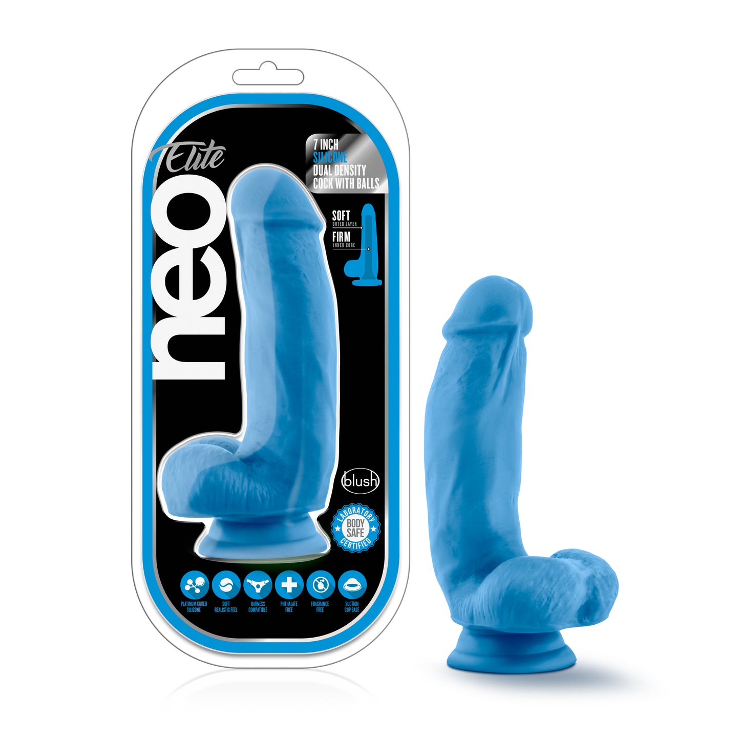 Neo Elite Silicone Dual Density Cock with Balls - 7" Neon Blue