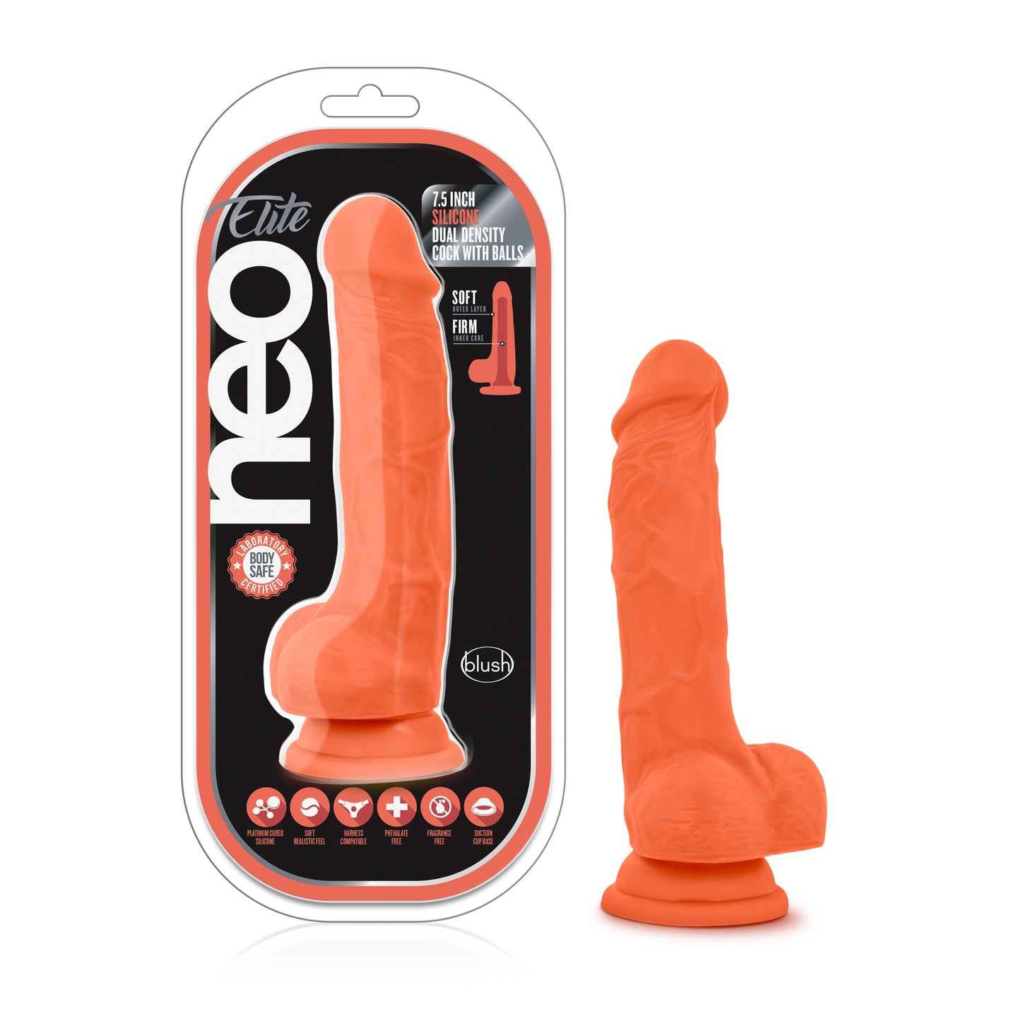 Neo Elite Silicone Dual Density Cock with Balls - 7.5" Neon Orange