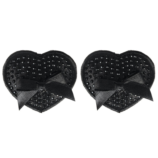 Black Satin Heart Pasties w Black Stone and Bow