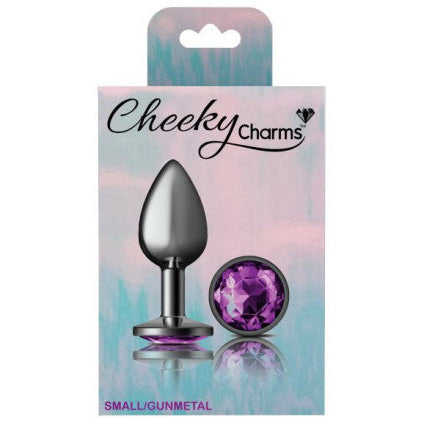 Cheeky Charms Gunmetal Round Butt Plug with Purple Jewel - Small