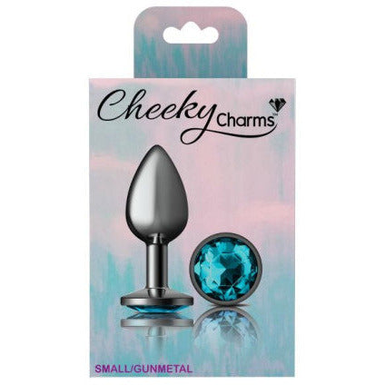 Cheeky Charms Gunmetal Round Butt Plug with Teal Jewel - Small