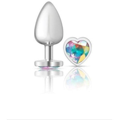 Cheeky Charms Silver Metal  Butt Plug with Heart Clear Jewel Large