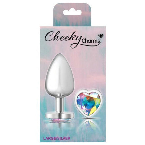 Cheeky Charms Silver Metal  Butt Plug with Heart Clear Jewel Large