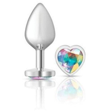 Cheeky Charms Silver Metal  Butt Plug with Heart Clear Jewel Medium