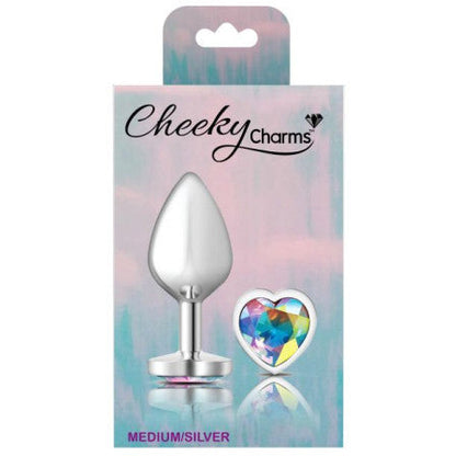 Cheeky Charms Silver Metal  Butt Plug with Heart Clear Jewel Medium