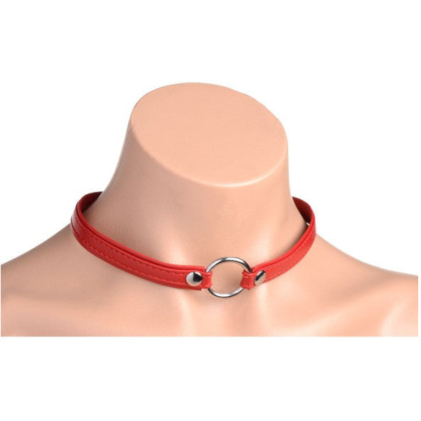 Fiery Pet Leather Choker with Silver Ring - Red