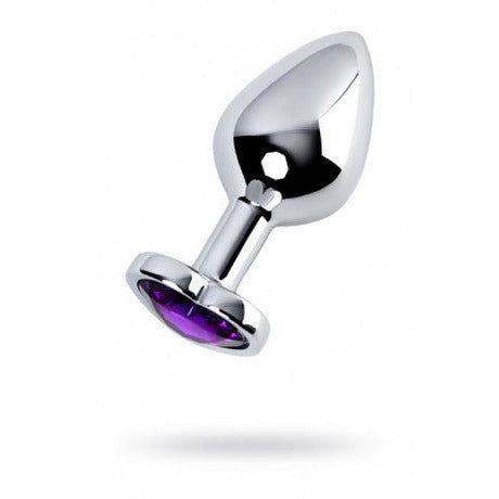 Silver Metal Anal Plug with Amethyst Heart Crystal - Medium