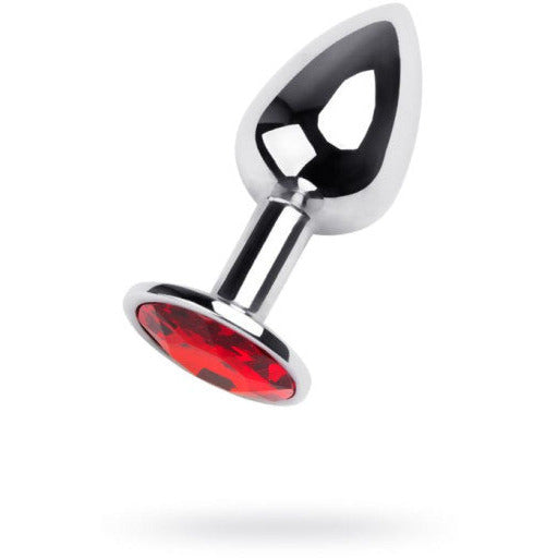 Silver Metal Anal Plug with Red Ruby Gem - Small